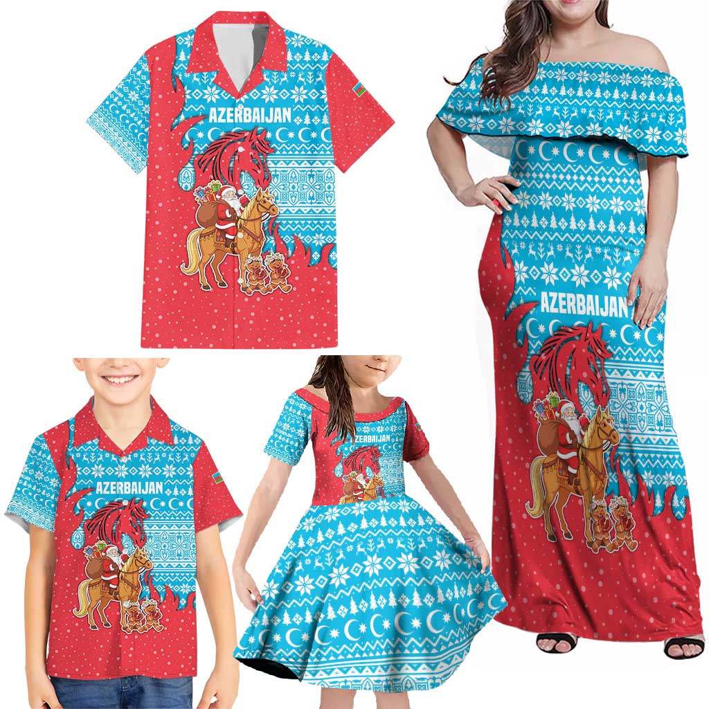 Azerbaijan Christmas Family Matching Off Shoulder Maxi Dress and Hawaiian Shirt with Santa Riding Horse Red Flame Motif and Blue Islamic Pattern Design - Wonder Print Shop