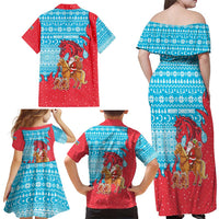 Azerbaijan Christmas Family Matching Off Shoulder Maxi Dress and Hawaiian Shirt with Santa Riding Horse Red Flame Motif and Blue Islamic Pattern Design - Wonder Print Shop