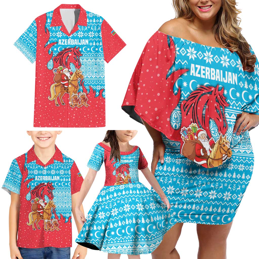 Azerbaijan Christmas Family Matching Off Shoulder Short Dress and Hawaiian Shirt with Santa Riding Horse Red Flame Motif and Blue Islamic Pattern Design - Wonder Print Shop