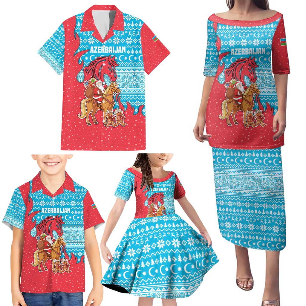 Azerbaijan Christmas Family Matching Puletasi and Hawaiian Shirt with Santa Riding Horse Red Flame Motif and Blue Islamic Pattern Design - Wonder Print Shop