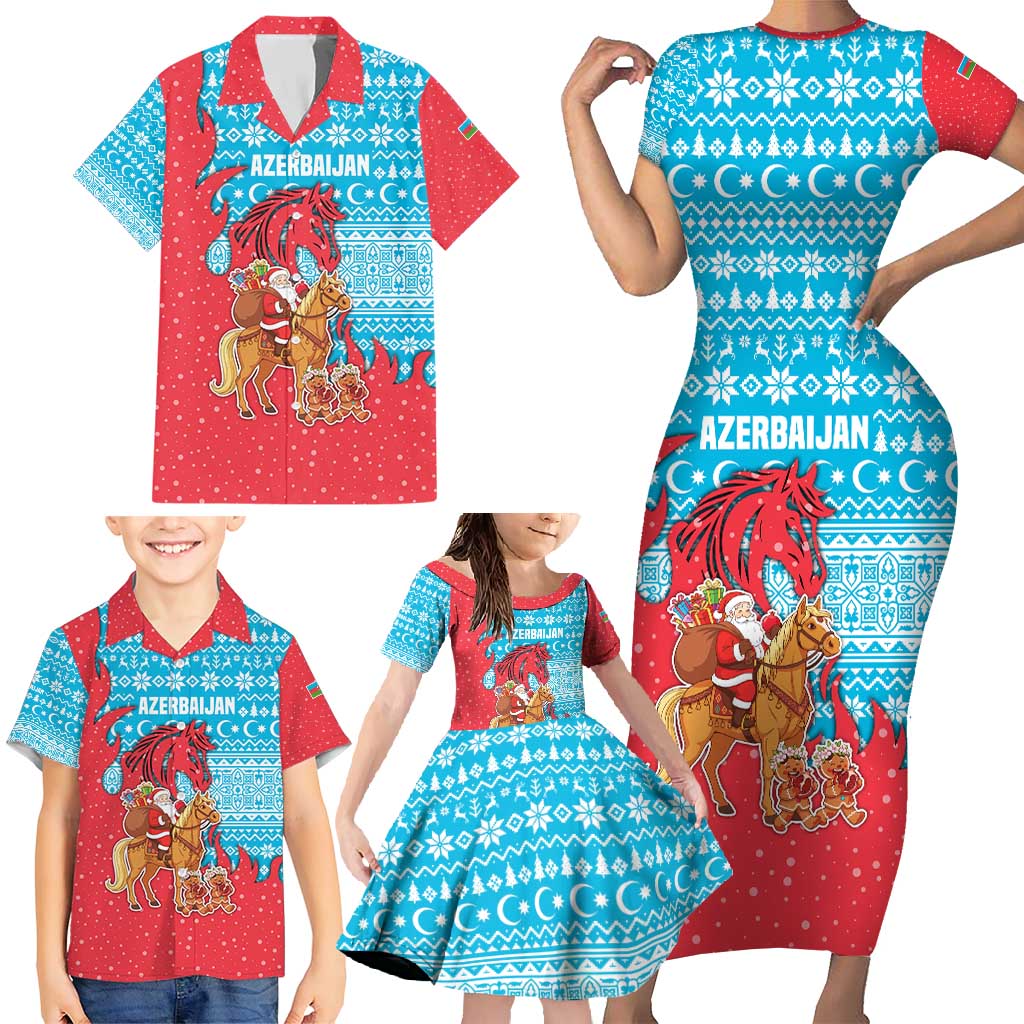 Azerbaijan Christmas Family Matching Short Sleeve Bodycon Dress and Hawaiian Shirt with Santa Riding Horse Red Flame Motif and Blue Islamic Pattern Design - Wonder Print Shop