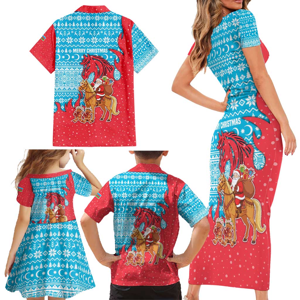 Azerbaijan Christmas Family Matching Short Sleeve Bodycon Dress and Hawaiian Shirt with Santa Riding Horse Red Flame Motif and Blue Islamic Pattern Design - Wonder Print Shop