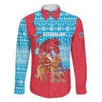 Azerbaijan Christmas Family Matching Short Sleeve Bodycon Dress and Hawaiian Shirt with Santa Riding Horse Red Flame Motif and Blue Islamic Pattern Design - Wonder Print Shop