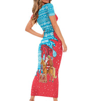 Azerbaijan Christmas Family Matching Short Sleeve Bodycon Dress and Hawaiian Shirt with Santa Riding Horse Red Flame Motif and Blue Islamic Pattern Design - Wonder Print Shop