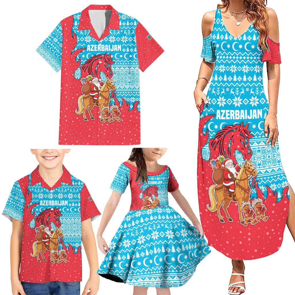 Azerbaijan Christmas Family Matching Summer Maxi Dress and Hawaiian Shirt with Santa Riding Horse Red Flame Motif and Blue Islamic Pattern Design - Wonder Print Shop
