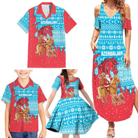 Azerbaijan Christmas Family Matching Summer Maxi Dress and Hawaiian Shirt with Santa Riding Horse Red Flame Motif and Blue Islamic Pattern Design - Wonder Print Shop