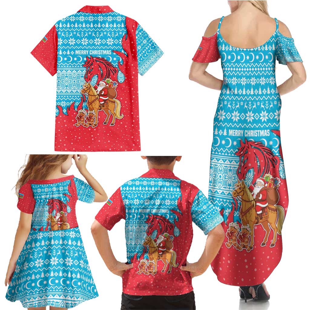 Azerbaijan Christmas Family Matching Summer Maxi Dress and Hawaiian Shirt with Santa Riding Horse Red Flame Motif and Blue Islamic Pattern Design - Wonder Print Shop
