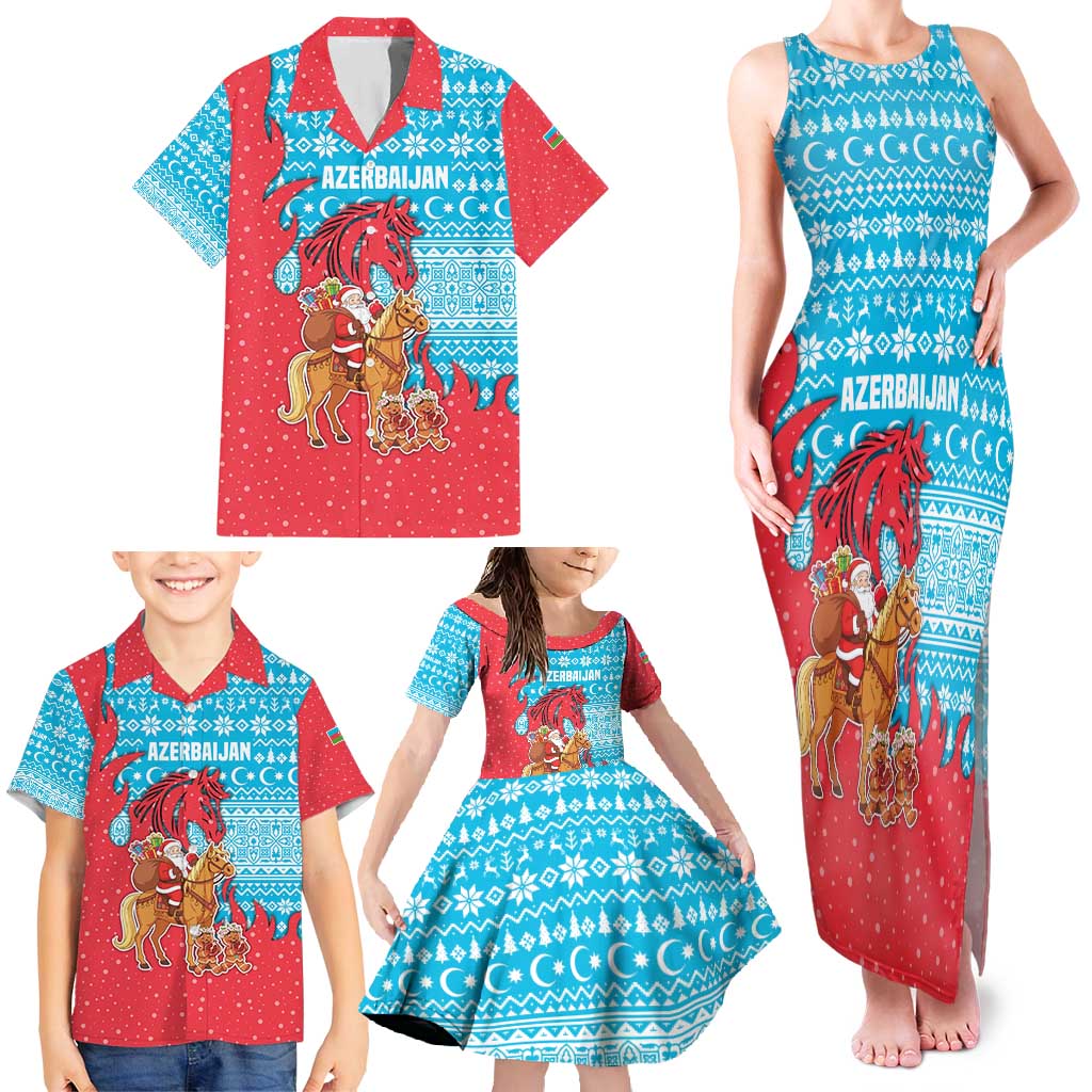 Azerbaijan Christmas Family Matching Tank Maxi Dress and Hawaiian Shirt with Santa Riding Horse Red Flame Motif and Blue Islamic Pattern Design - Wonder Print Shop