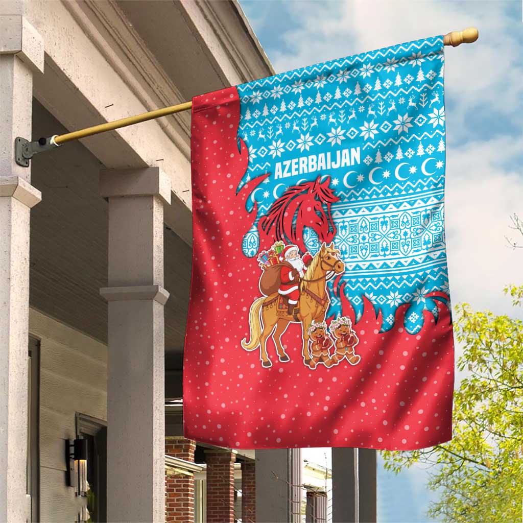 Azerbaijan Christmas Garden Flag with Santa Riding Horse Red Flame Motif and Blue Islamic Pattern Design - Wonder Print Shop