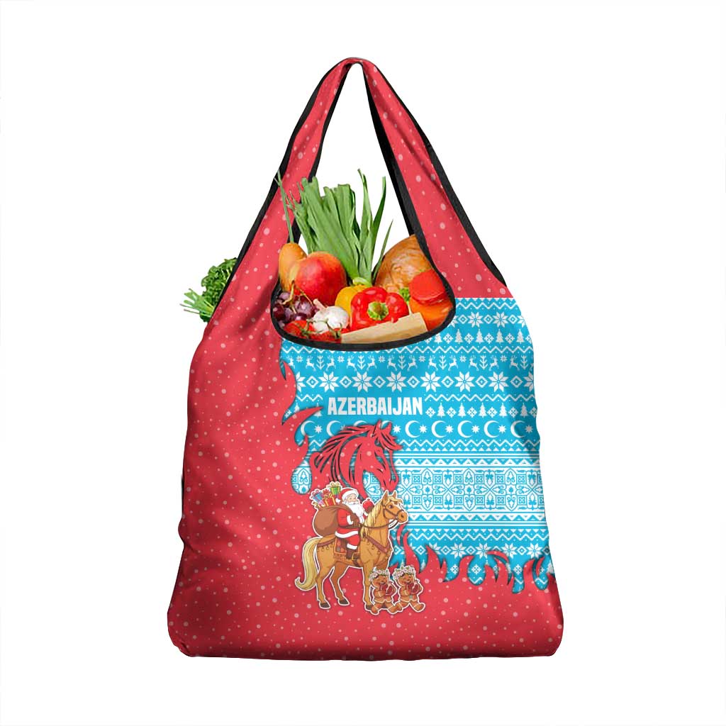 Azerbaijan Christmas Grocery Bag with Santa Riding Horse Red Flame Motif and Blue Islamic Pattern Design - Wonder Print Shop