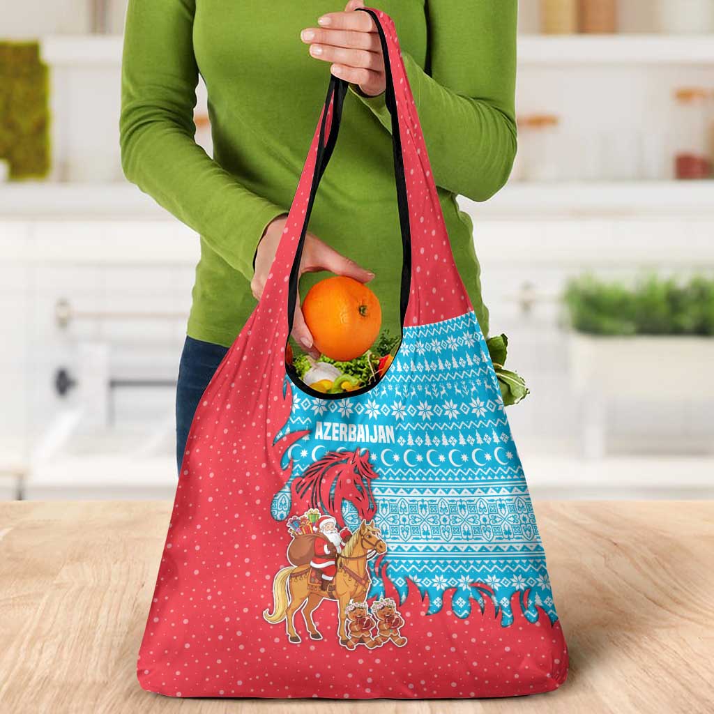 Azerbaijan Christmas Grocery Bag with Santa Riding Horse Red Flame Motif and Blue Islamic Pattern Design - Wonder Print Shop