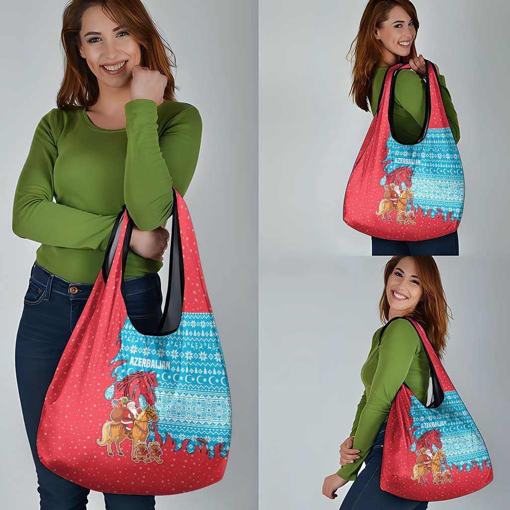Azerbaijan Christmas Grocery Bag with Santa Riding Horse Red Flame Motif and Blue Islamic Pattern Design - Wonder Print Shop