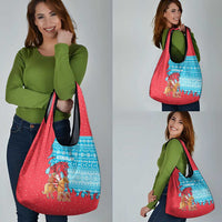 Azerbaijan Christmas Grocery Bag with Santa Riding Horse Red Flame Motif and Blue Islamic Pattern Design - Wonder Print Shop
