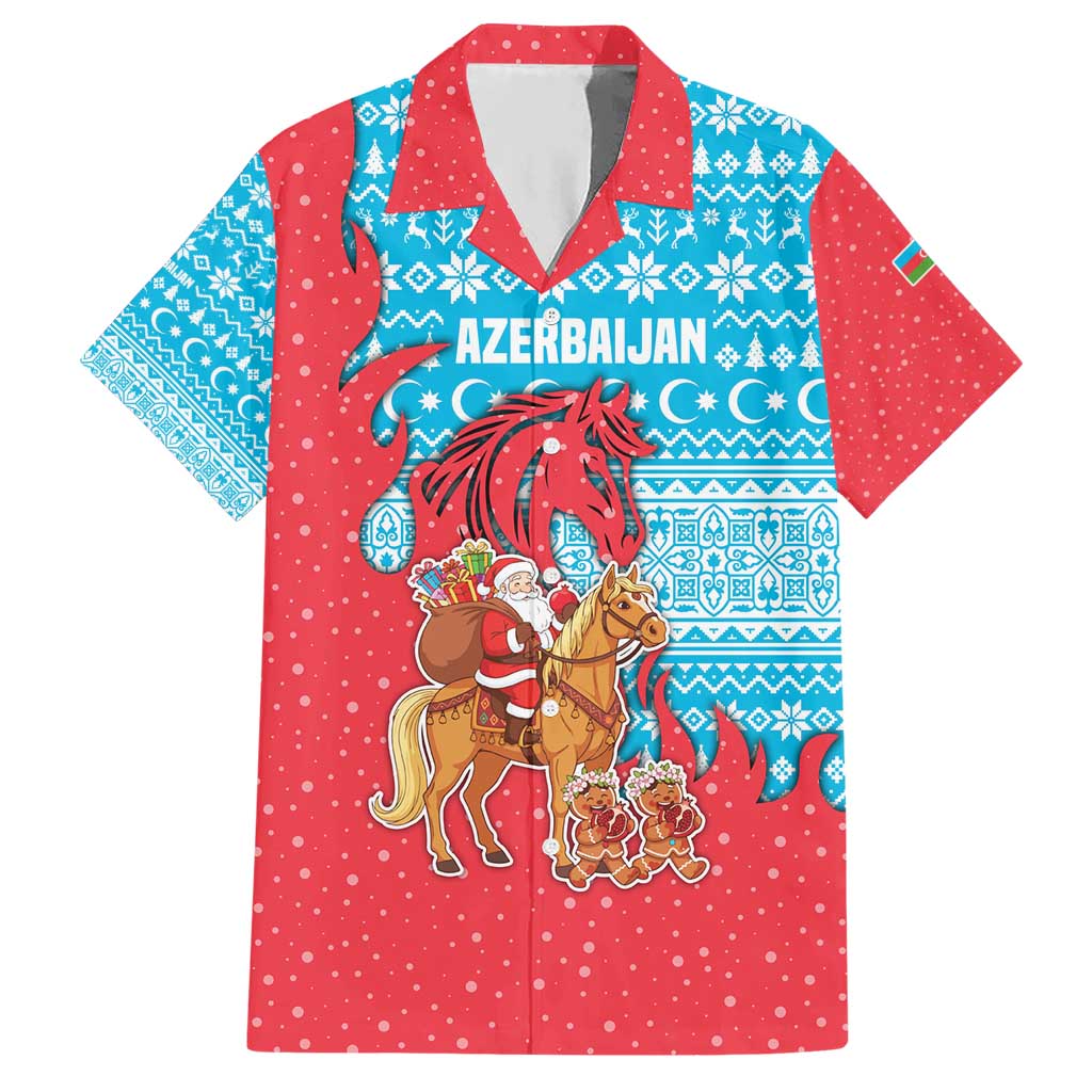 Azerbaijan Christmas Hawaiian Shirt with Santa Riding Horse Red Flame Motif and Blue Islamic Pattern Design - Wonder Print Shop