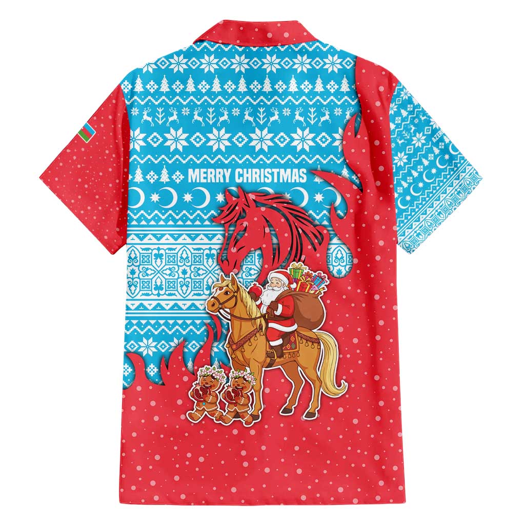 Azerbaijan Christmas Hawaiian Shirt with Santa Riding Horse Red Flame Motif and Blue Islamic Pattern Design - Wonder Print Shop