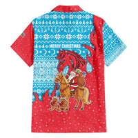 Azerbaijan Christmas Hawaiian Shirt with Santa Riding Horse Red Flame Motif and Blue Islamic Pattern Design - Wonder Print Shop