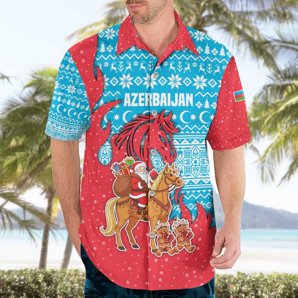 Azerbaijan Christmas Hawaiian Shirt with Santa Riding Horse Red Flame Motif and Blue Islamic Pattern Design - Wonder Print Shop
