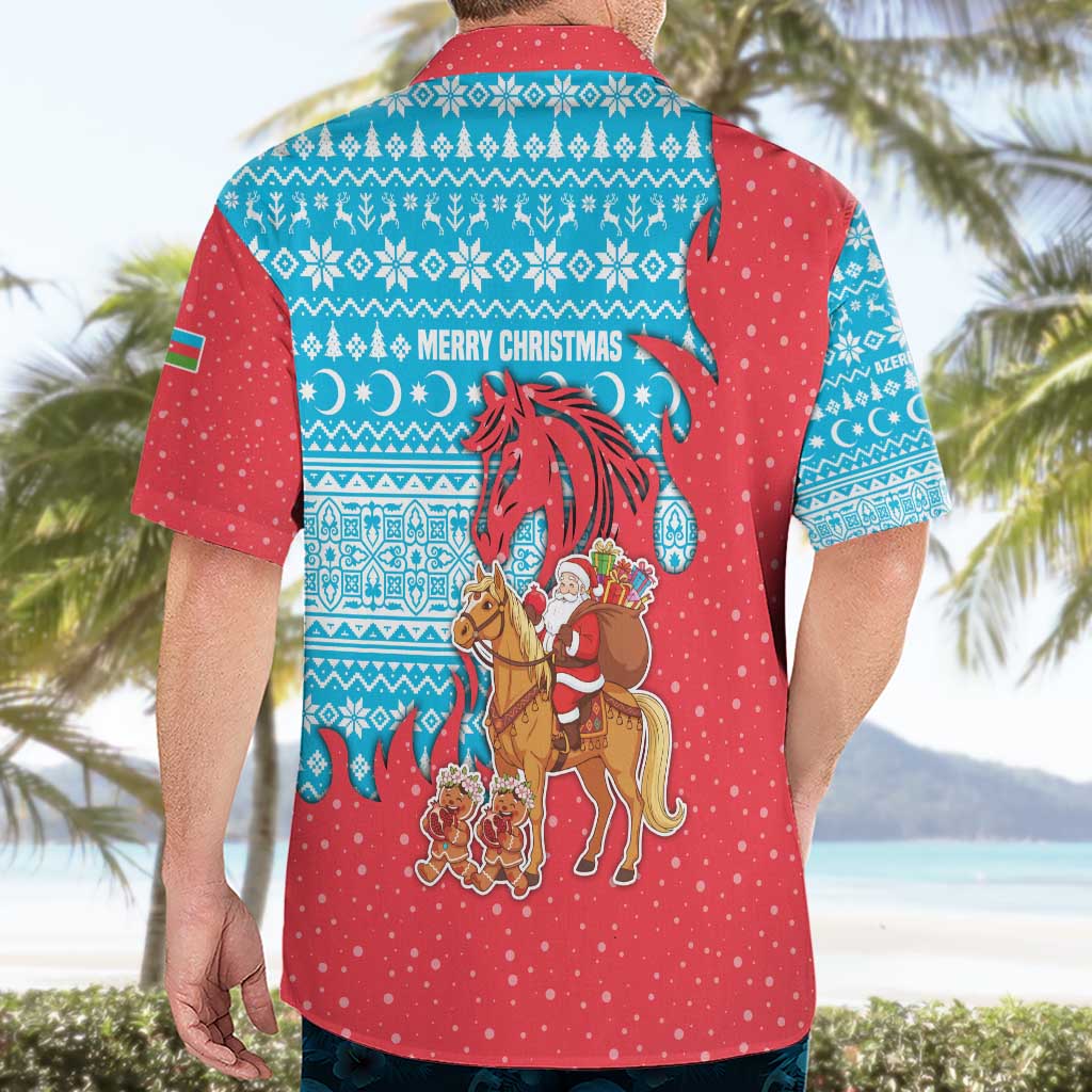 Azerbaijan Christmas Hawaiian Shirt with Santa Riding Horse Red Flame Motif and Blue Islamic Pattern Design - Wonder Print Shop