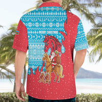 Azerbaijan Christmas Hawaiian Shirt with Santa Riding Horse Red Flame Motif and Blue Islamic Pattern Design - Wonder Print Shop