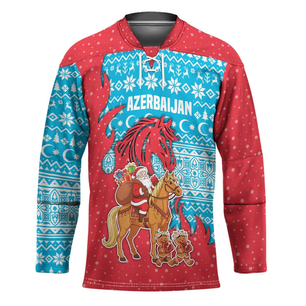 Azerbaijan Christmas Hockey Jersey with Santa Riding Horse Red Flame Motif and Blue Islamic Pattern Design - Wonder Print Shop
