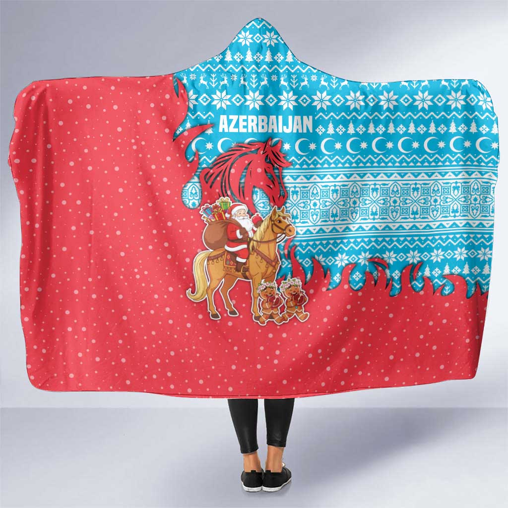 Azerbaijan Christmas Hooded Blanket with Santa Riding Horse Red Flame Motif and Blue Islamic Pattern Design - Wonder Print Shop