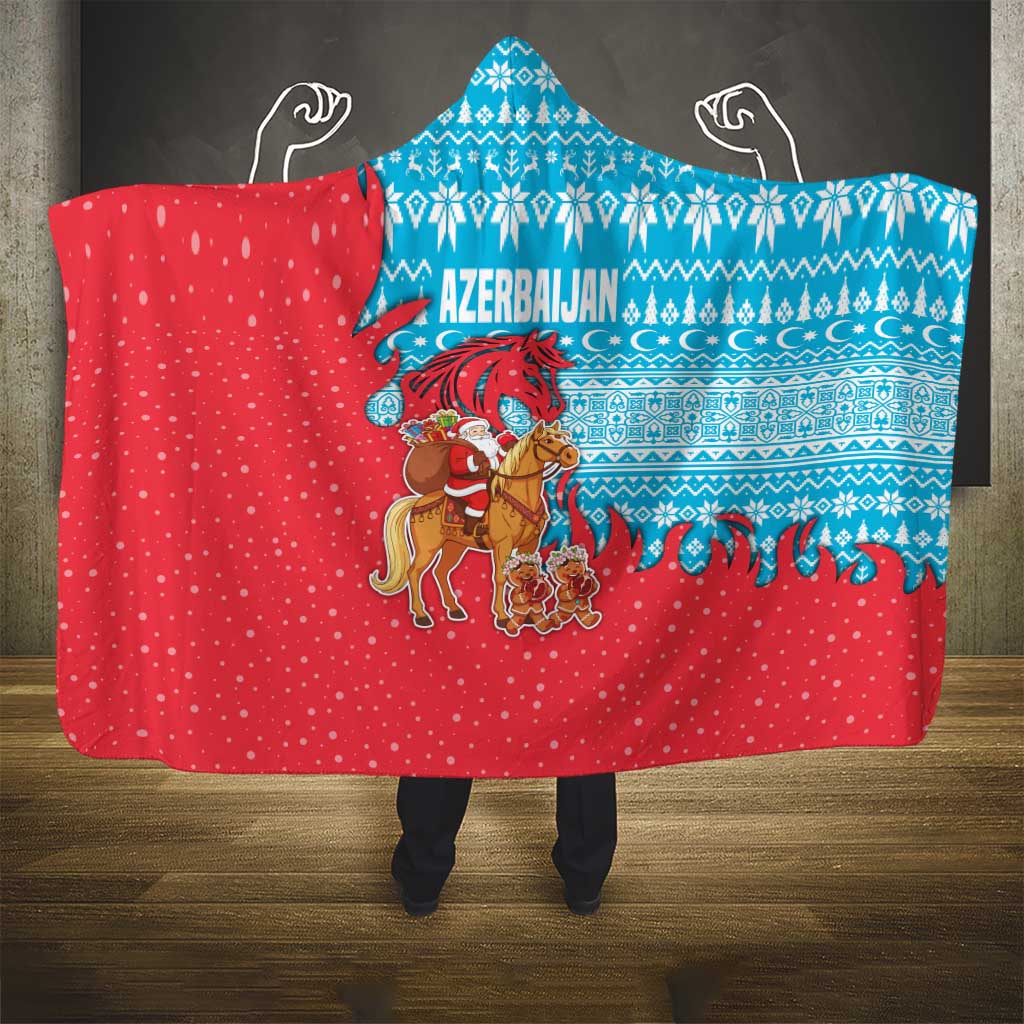 Azerbaijan Christmas Hooded Blanket with Santa Riding Horse Red Flame Motif and Blue Islamic Pattern Design - Wonder Print Shop