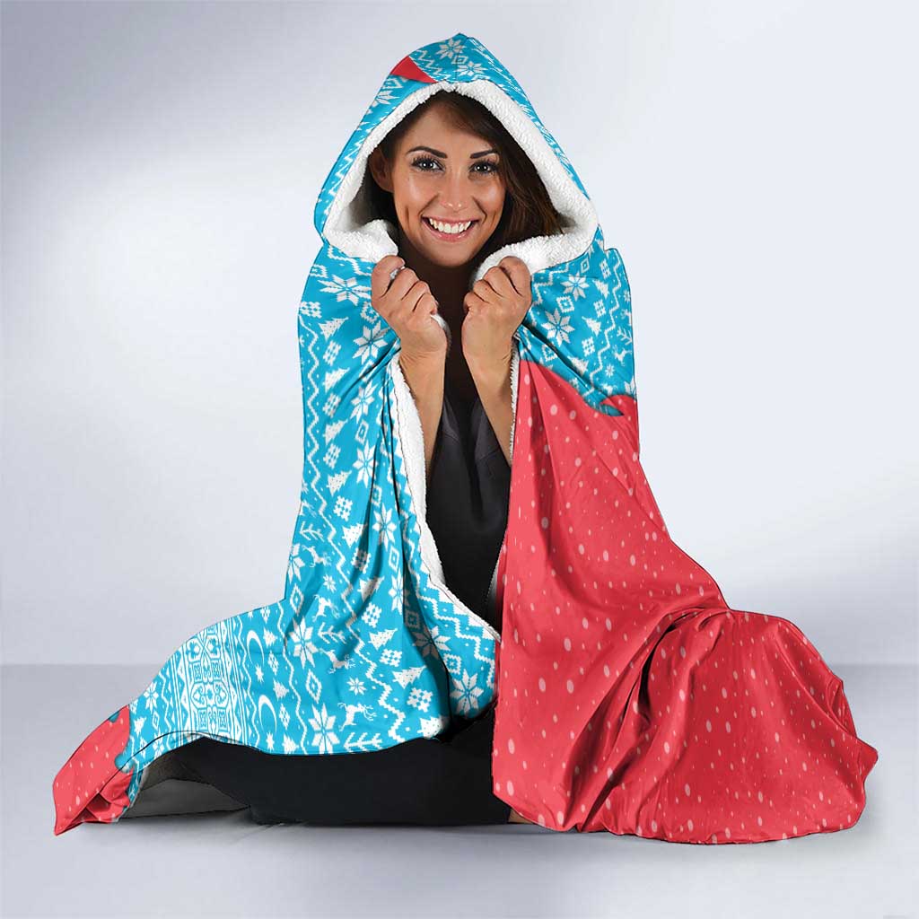 Azerbaijan Christmas Hooded Blanket with Santa Riding Horse Red Flame Motif and Blue Islamic Pattern Design - Wonder Print Shop