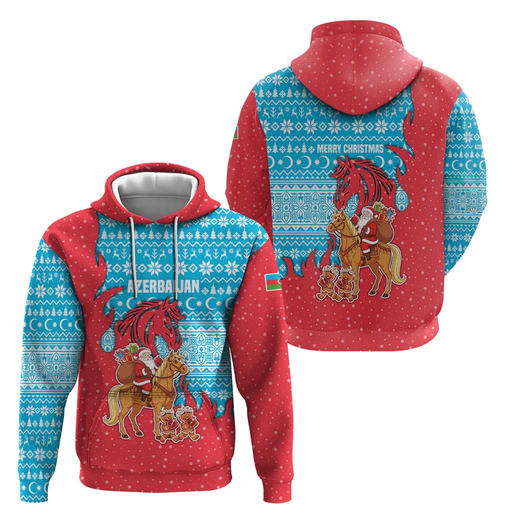 Azerbaijan Christmas Hoodie with Santa Riding Horse Red Flame Motif and Blue Islamic Pattern Design - Wonder Print Shop