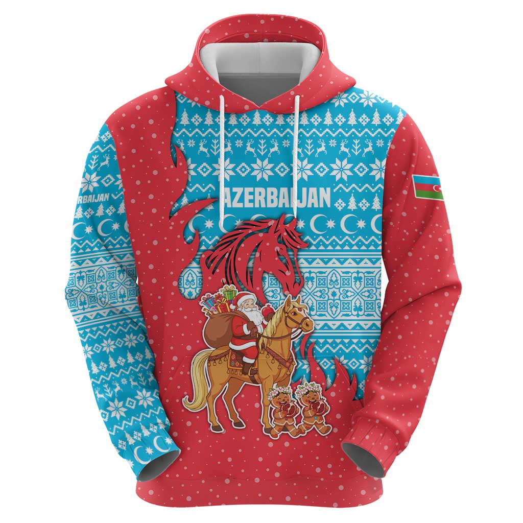 Azerbaijan Christmas Hoodie with Santa Riding Horse Red Flame Motif and Blue Islamic Pattern Design - Wonder Print Shop