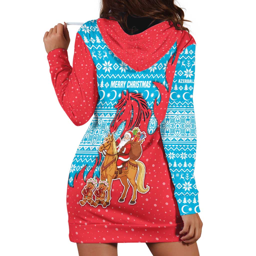 Azerbaijan Christmas Hoodie Dress with Santa Riding Horse Red Flame Motif and Blue Islamic Pattern Design - Wonder Print Shop