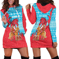Azerbaijan Christmas Hoodie Dress with Santa Riding Horse Red Flame Motif and Blue Islamic Pattern Design - Wonder Print Shop