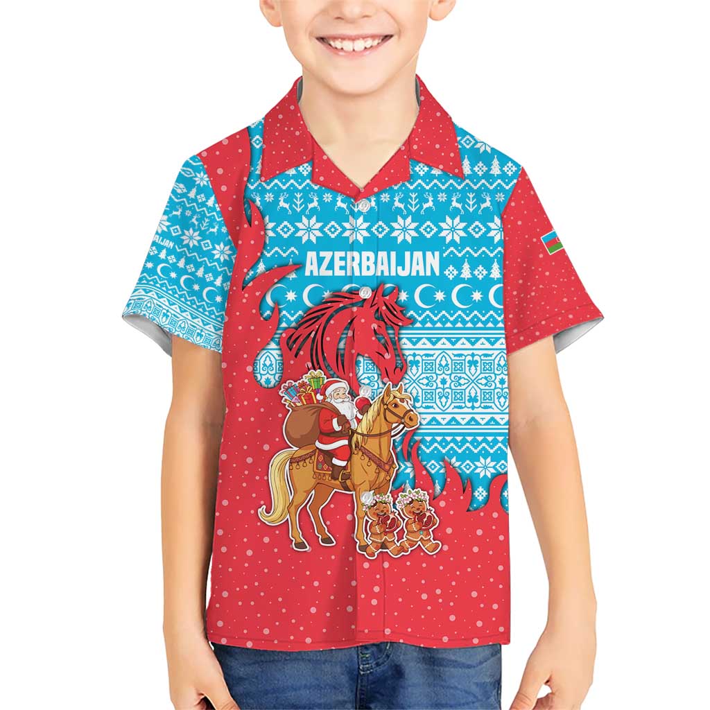 Azerbaijan Christmas Kid Hawaiian Shirt with Santa Riding Horse Red Flame Motif and Blue Islamic Pattern Design - Wonder Print Shop