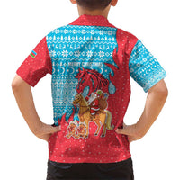 Azerbaijan Christmas Kid Hawaiian Shirt with Santa Riding Horse Red Flame Motif and Blue Islamic Pattern Design - Wonder Print Shop