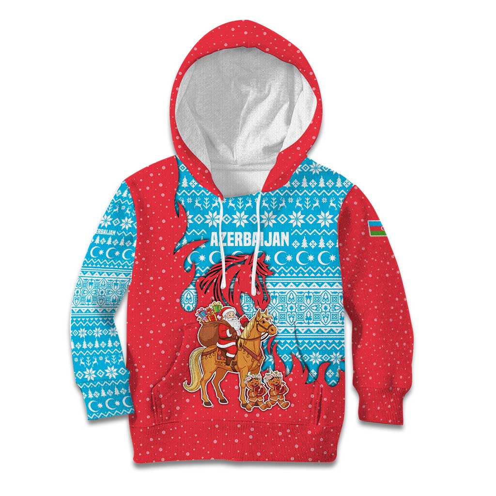Azerbaijan Christmas Kid Hoodie with Santa Riding Horse Red Flame Motif and Blue Islamic Pattern Design - Wonder Print Shop