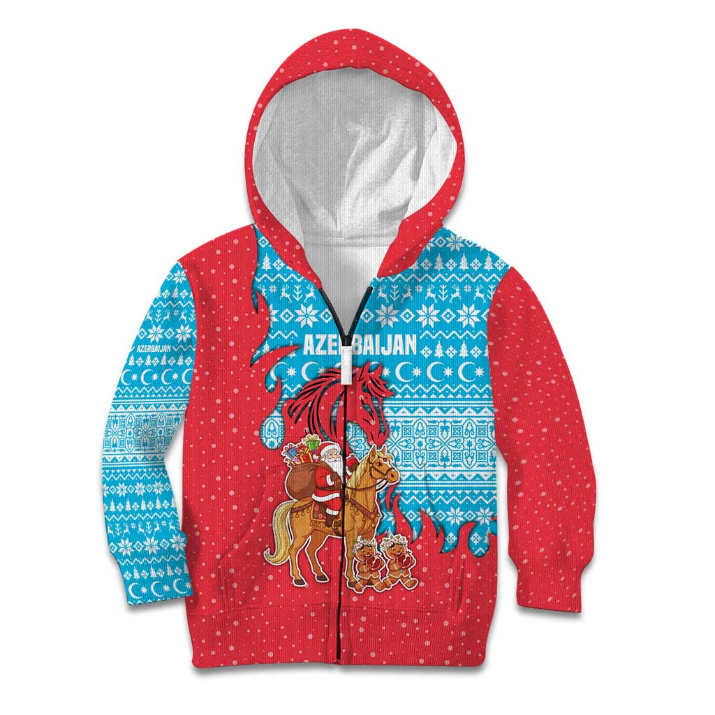 Azerbaijan Christmas Kid Hoodie with Santa Riding Horse Red Flame Motif and Blue Islamic Pattern Design - Wonder Print Shop