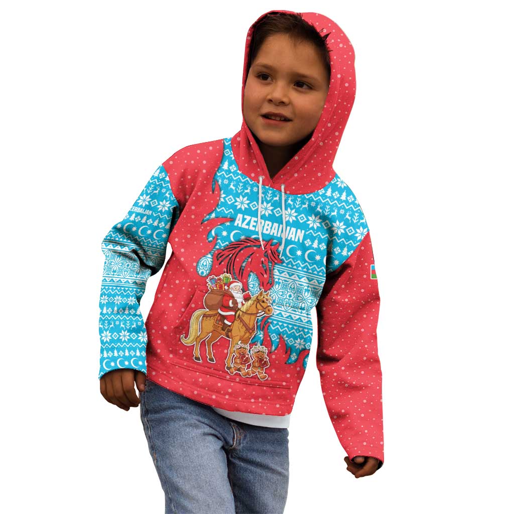 Azerbaijan Christmas Kid Hoodie with Santa Riding Horse Red Flame Motif and Blue Islamic Pattern Design - Wonder Print Shop