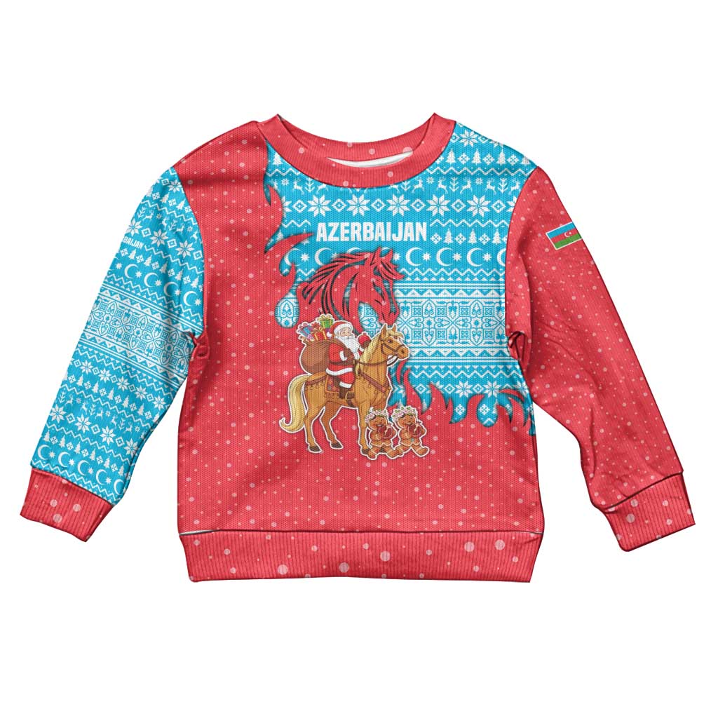 Azerbaijan Christmas Kid Ugly Christmas Sweater with Santa Riding Horse Red Flame Motif and Blue Islamic Pattern Design - Wonder Print Shop