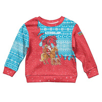 Azerbaijan Christmas Kid Ugly Christmas Sweater with Santa Riding Horse Red Flame Motif and Blue Islamic Pattern Design - Wonder Print Shop
