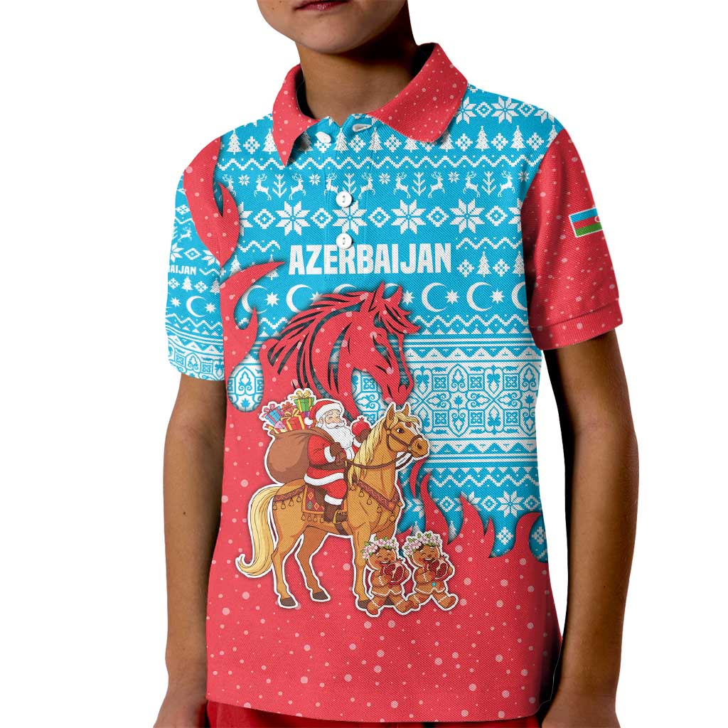 Azerbaijan Christmas Kid Polo Shirt with Santa Riding Horse Red Flame Motif and Blue Islamic Pattern Design - Wonder Print Shop