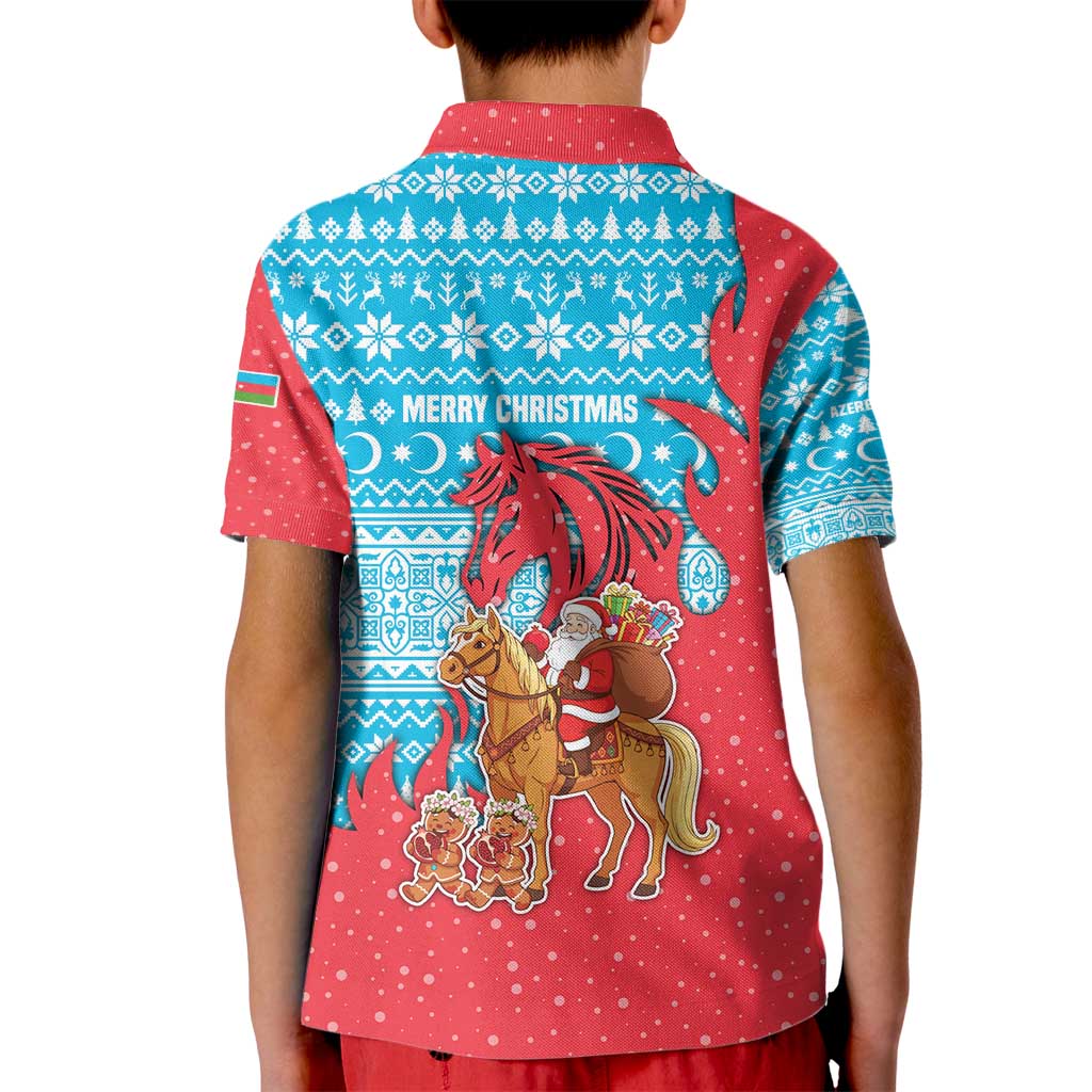 Azerbaijan Christmas Kid Polo Shirt with Santa Riding Horse Red Flame Motif and Blue Islamic Pattern Design - Wonder Print Shop