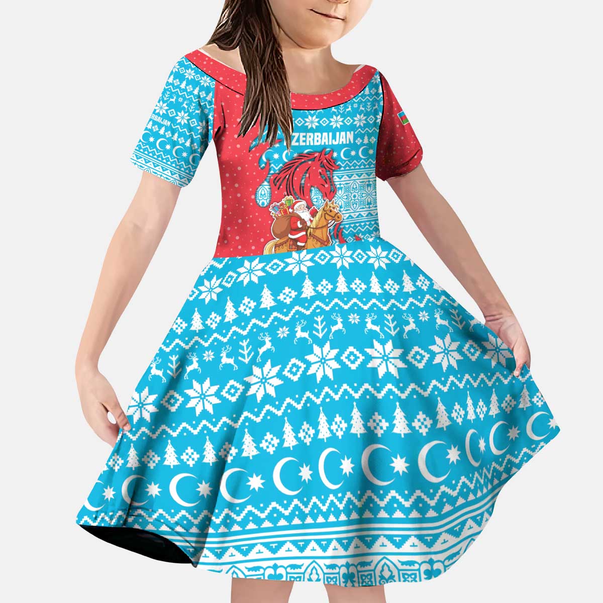 Azerbaijan Christmas Kid Short Sleeve Dress with Santa Riding Horse Red Flame Motif and Blue Islamic Pattern Design - Wonder Print Shop