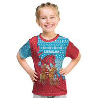 Azerbaijan Christmas Kid T Shirt with Santa Riding Horse Red Flame Motif and Blue Islamic Pattern Design - Wonder Print Shop