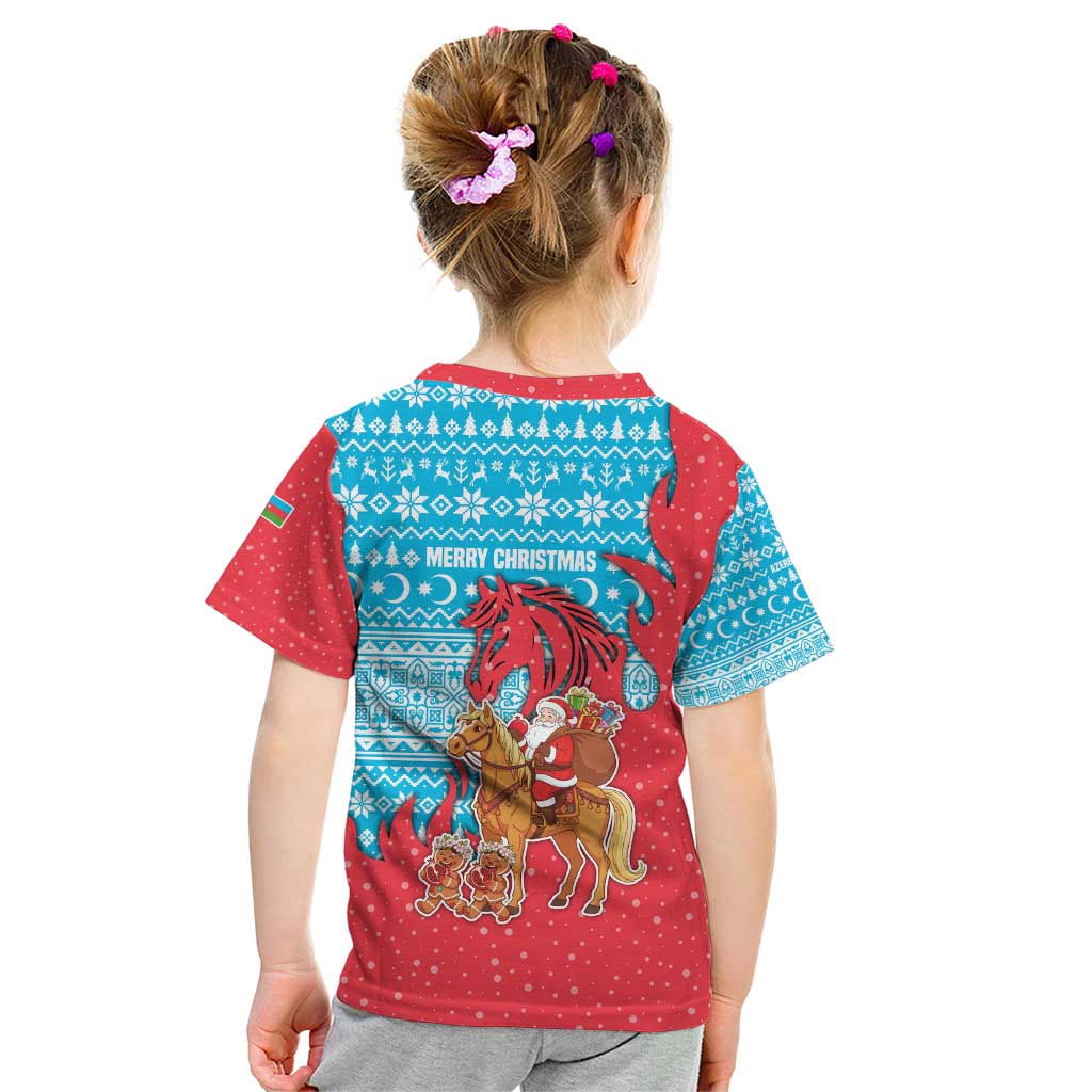Azerbaijan Christmas Kid T Shirt with Santa Riding Horse Red Flame Motif and Blue Islamic Pattern Design - Wonder Print Shop