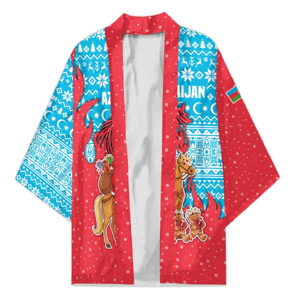 Azerbaijan Christmas Kimono with Santa Riding Horse Red Flame Motif and Blue Islamic Pattern Design - Wonder Print Shop