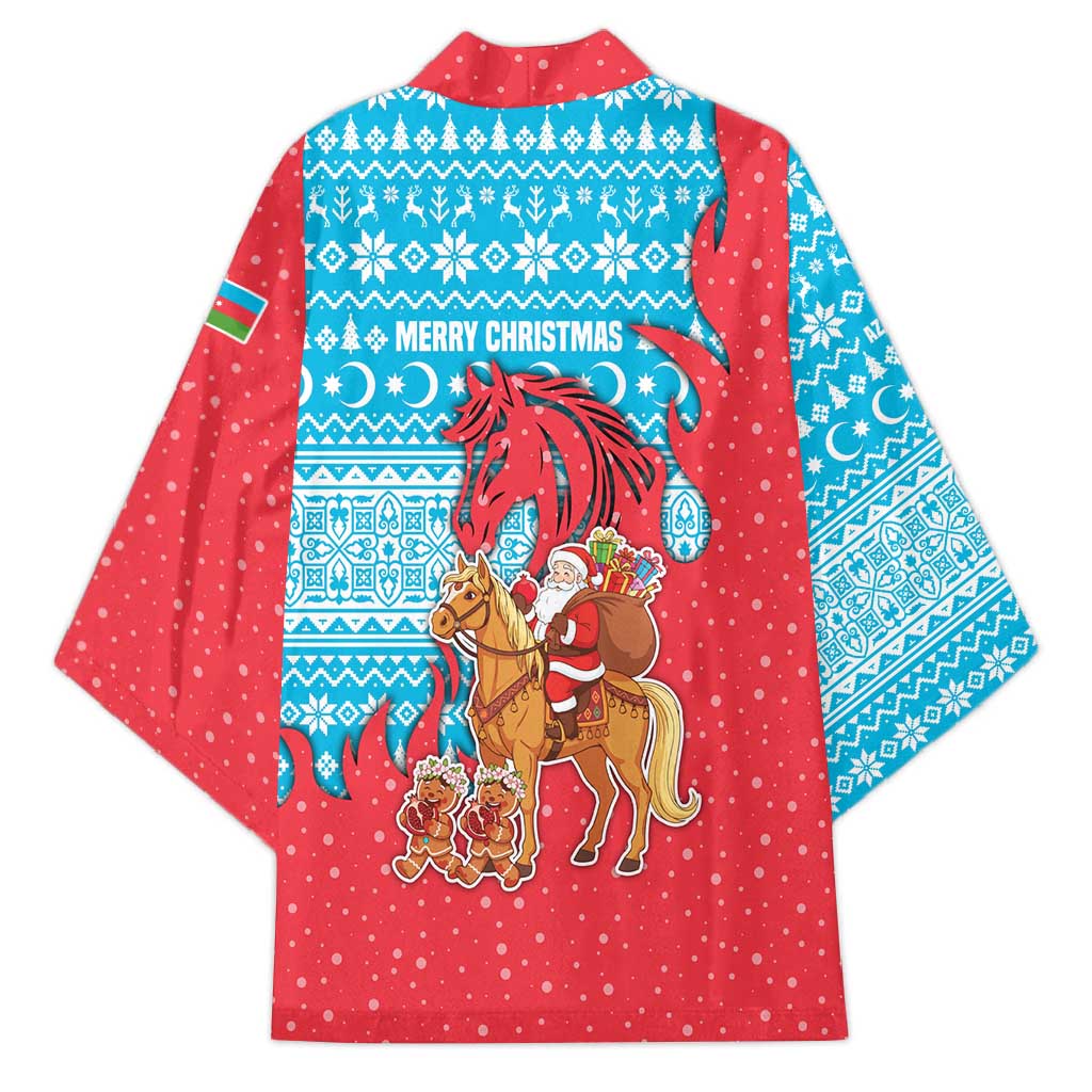 Azerbaijan Christmas Kimono with Santa Riding Horse Red Flame Motif and Blue Islamic Pattern Design - Wonder Print Shop