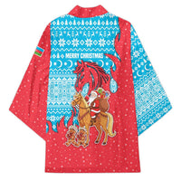Azerbaijan Christmas Kimono with Santa Riding Horse Red Flame Motif and Blue Islamic Pattern Design - Wonder Print Shop