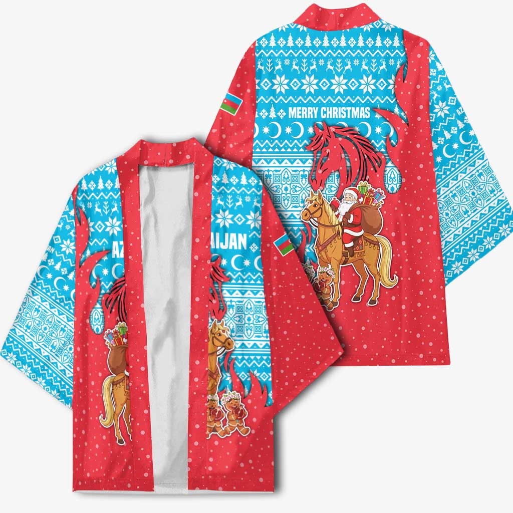 Azerbaijan Christmas Kimono with Santa Riding Horse Red Flame Motif and Blue Islamic Pattern Design - Wonder Print Shop