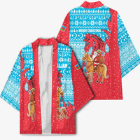 Azerbaijan Christmas Kimono with Santa Riding Horse Red Flame Motif and Blue Islamic Pattern Design - Wonder Print Shop