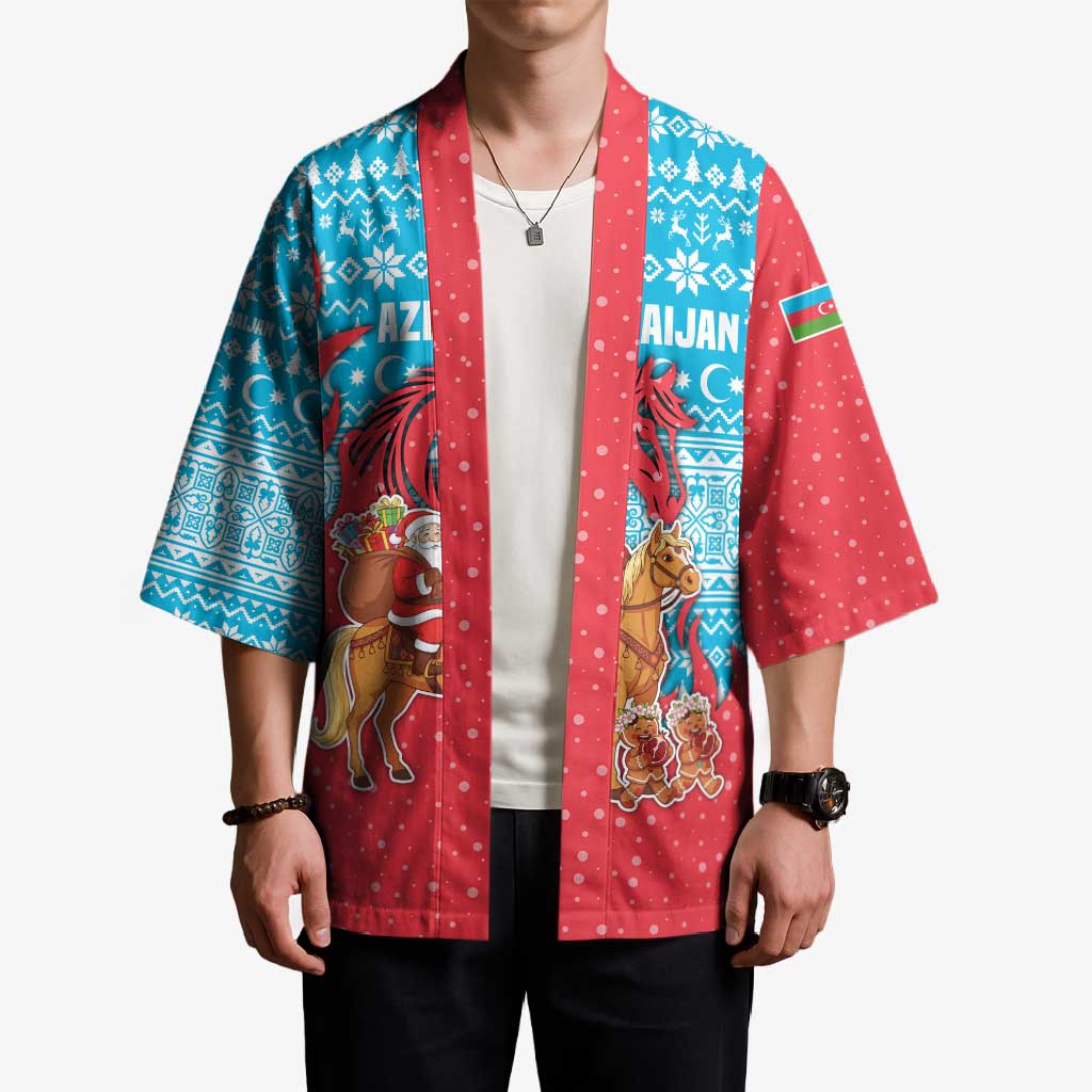 Azerbaijan Christmas Kimono with Santa Riding Horse Red Flame Motif and Blue Islamic Pattern Design - Wonder Print Shop