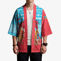Azerbaijan Christmas Kimono with Santa Riding Horse Red Flame Motif and Blue Islamic Pattern Design - Wonder Print Shop